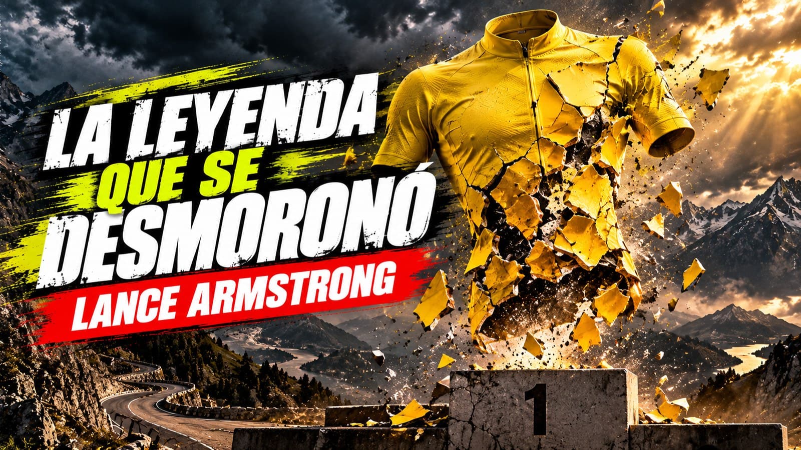 Ilustración conceptual generada con IA: un maillot amarillo del Tour que se rompe en fragmentos sobre un podio vacío; titular «La leyenda que se desmoronó»