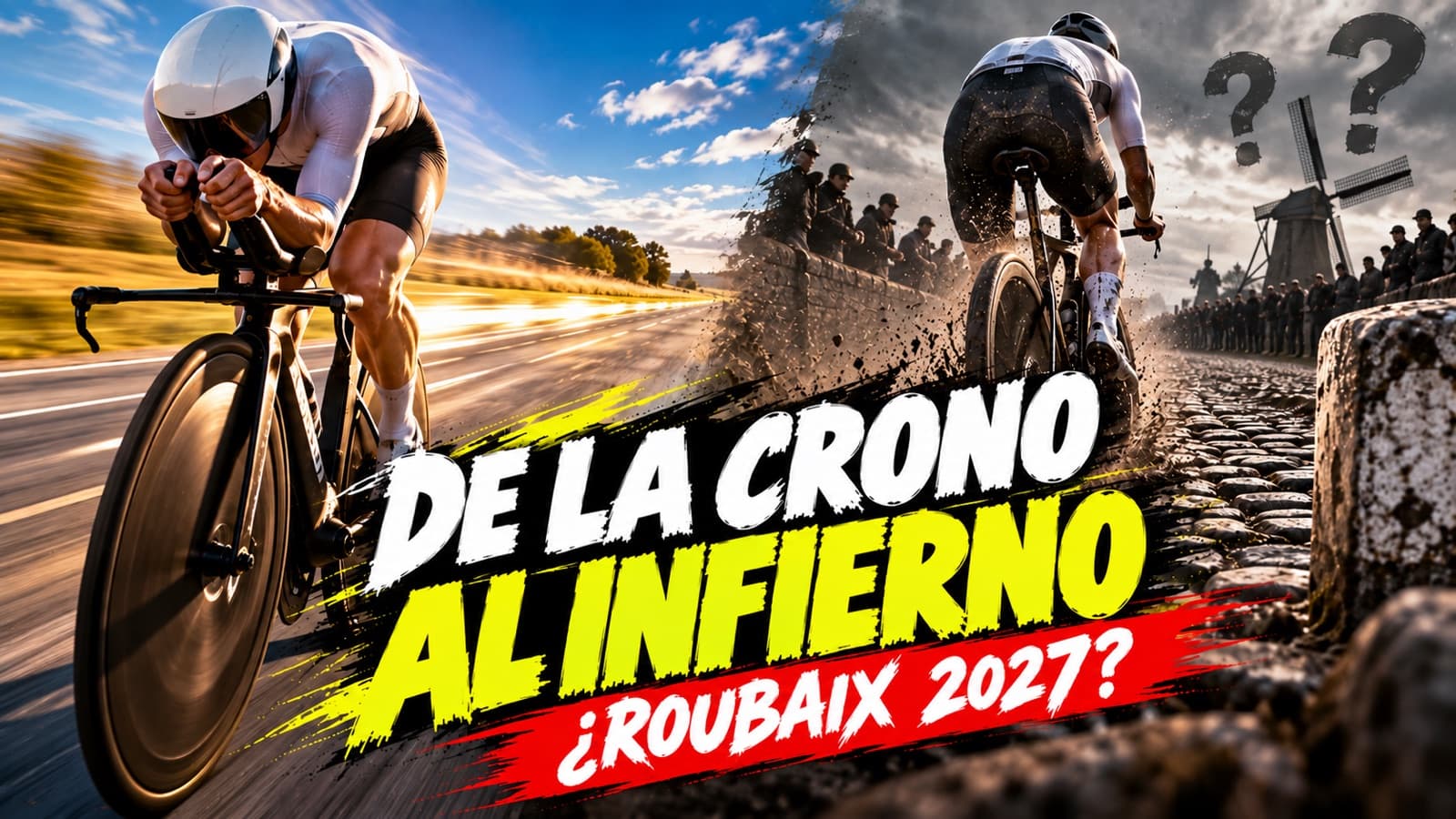 Ilustración generada con IA: a la izquierda, un contrarrelojista en posición aerodinámica en una carretera llana; a la derecha, un ciclista sobre adoquines polvorientos junto a un molino y af