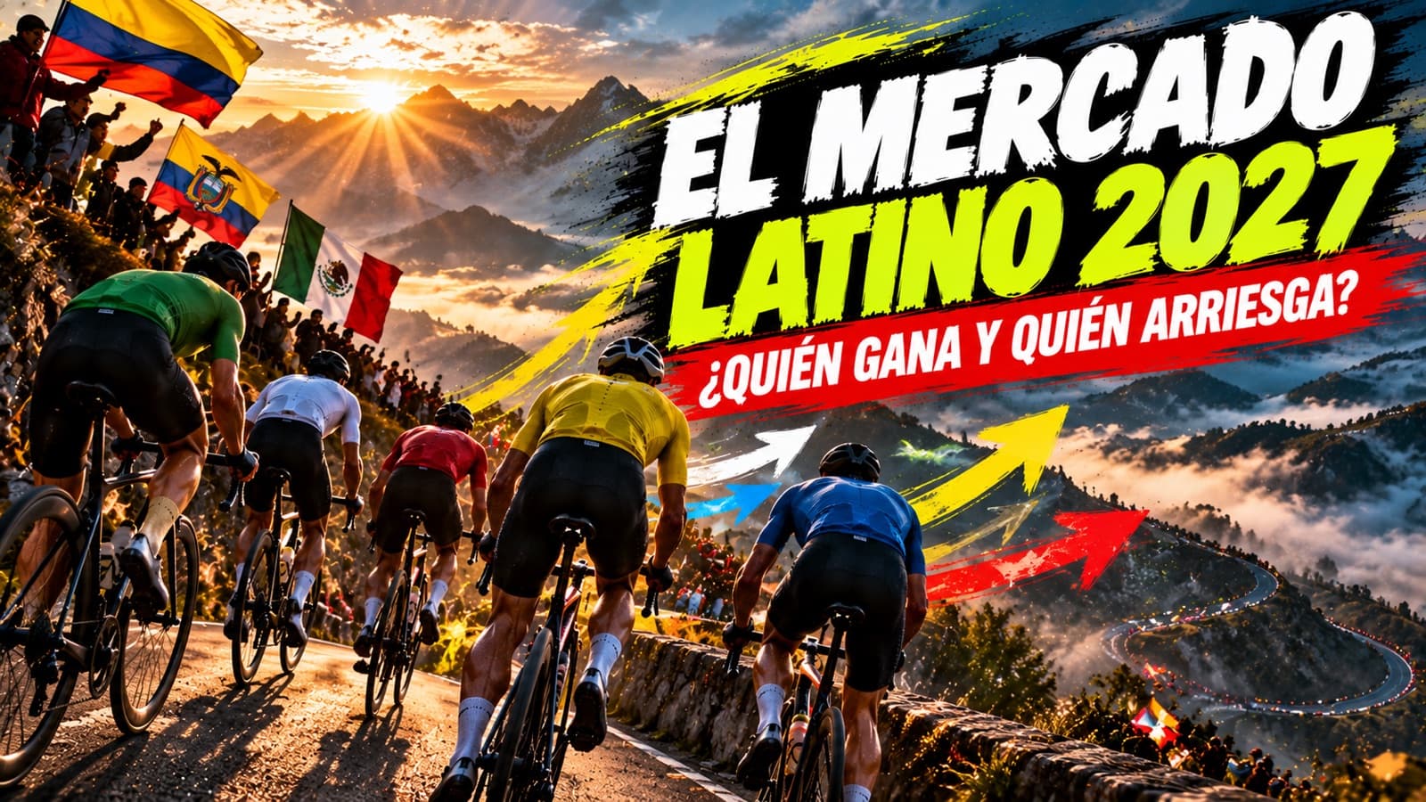 Ilustración generada con IA: un grupo de ciclistas con maillots de colores lisos sube de espaldas una carretera de montaña andina al amanecer, entre aficionados con banderas de Colombia, Ecua