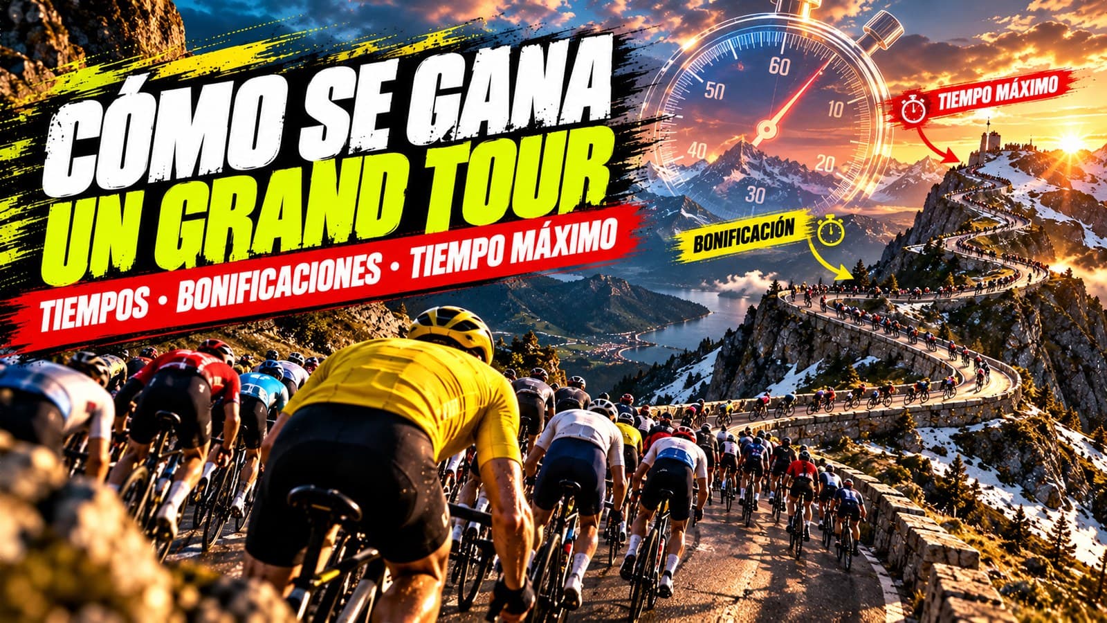 Ilustración generada con IA: un gran pelotón asciende una carretera alpina en zigzag con un cronómetro gigante en el cielo; titular «Cómo se gana un Grand Tour»