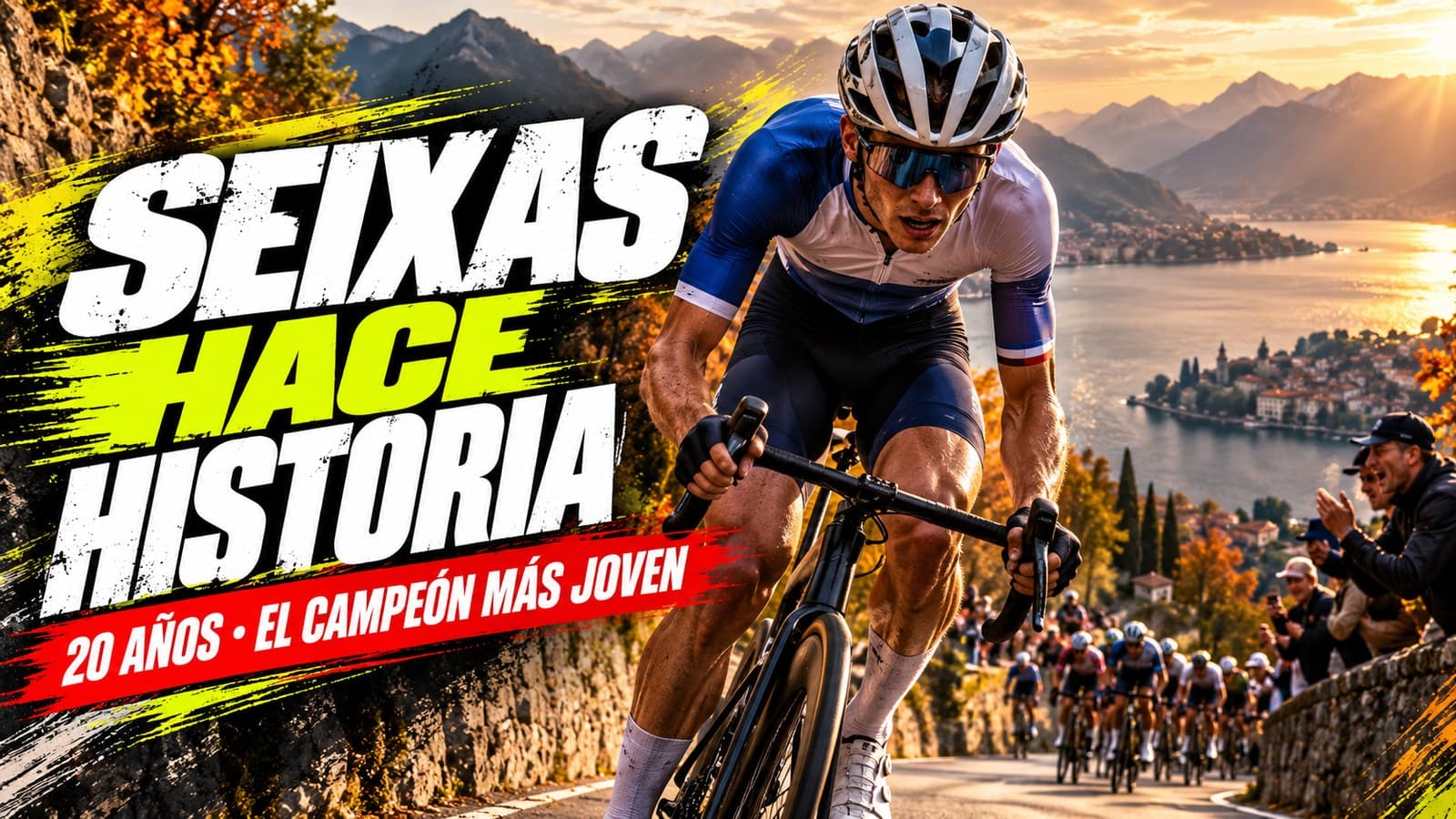 Ilustración generada con IA: un ciclista joven ataca de pie en la subida del Civiglio, con el Lago de Como al atardecer; titular «Seixas hace historia»