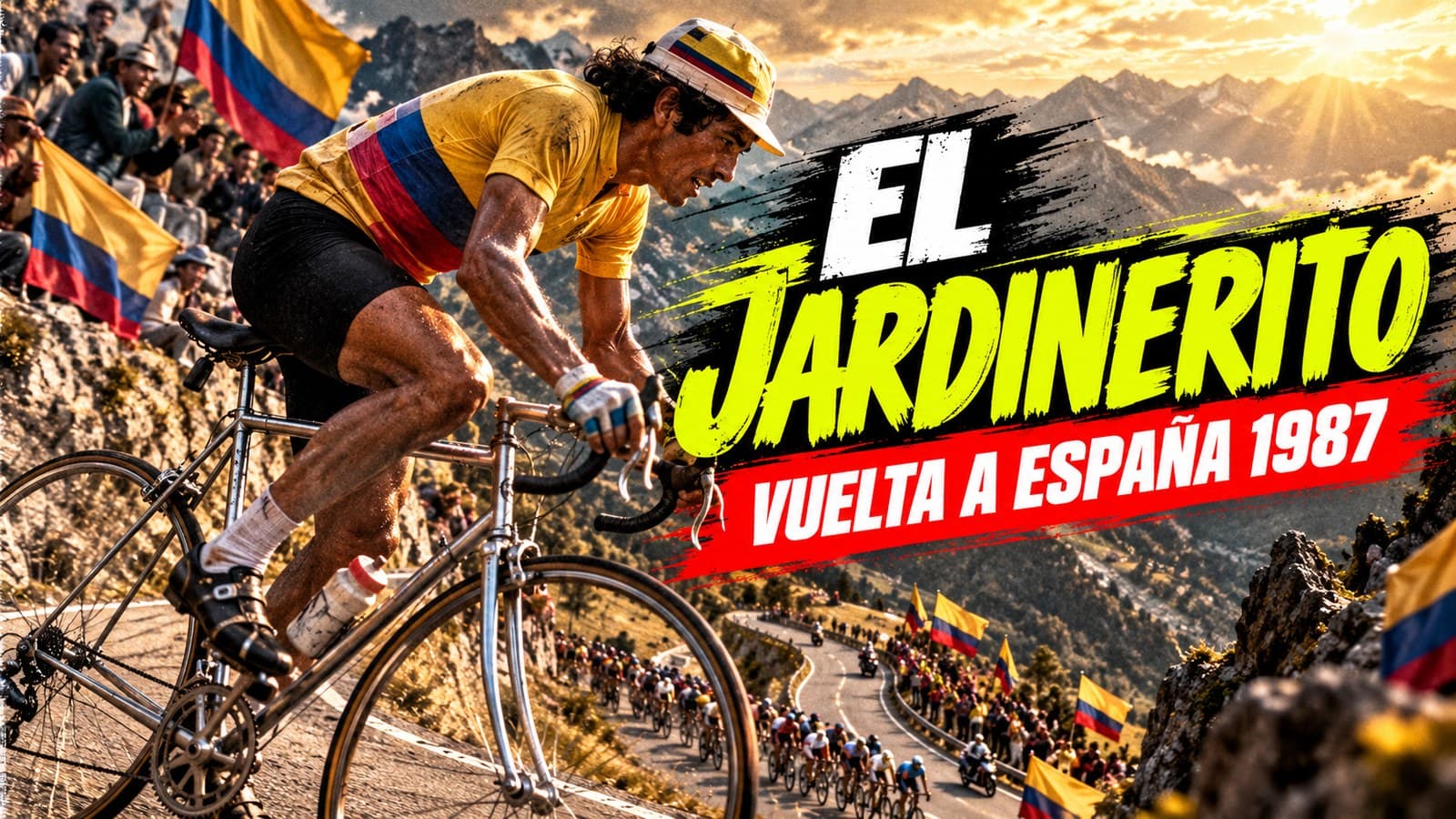 Recreación ilustrativa generada con IA de un ciclista colombiano escalando un puerto con aficionados y banderas de Colombia; titular «El Jardinerito, Vuelta a España 1987»