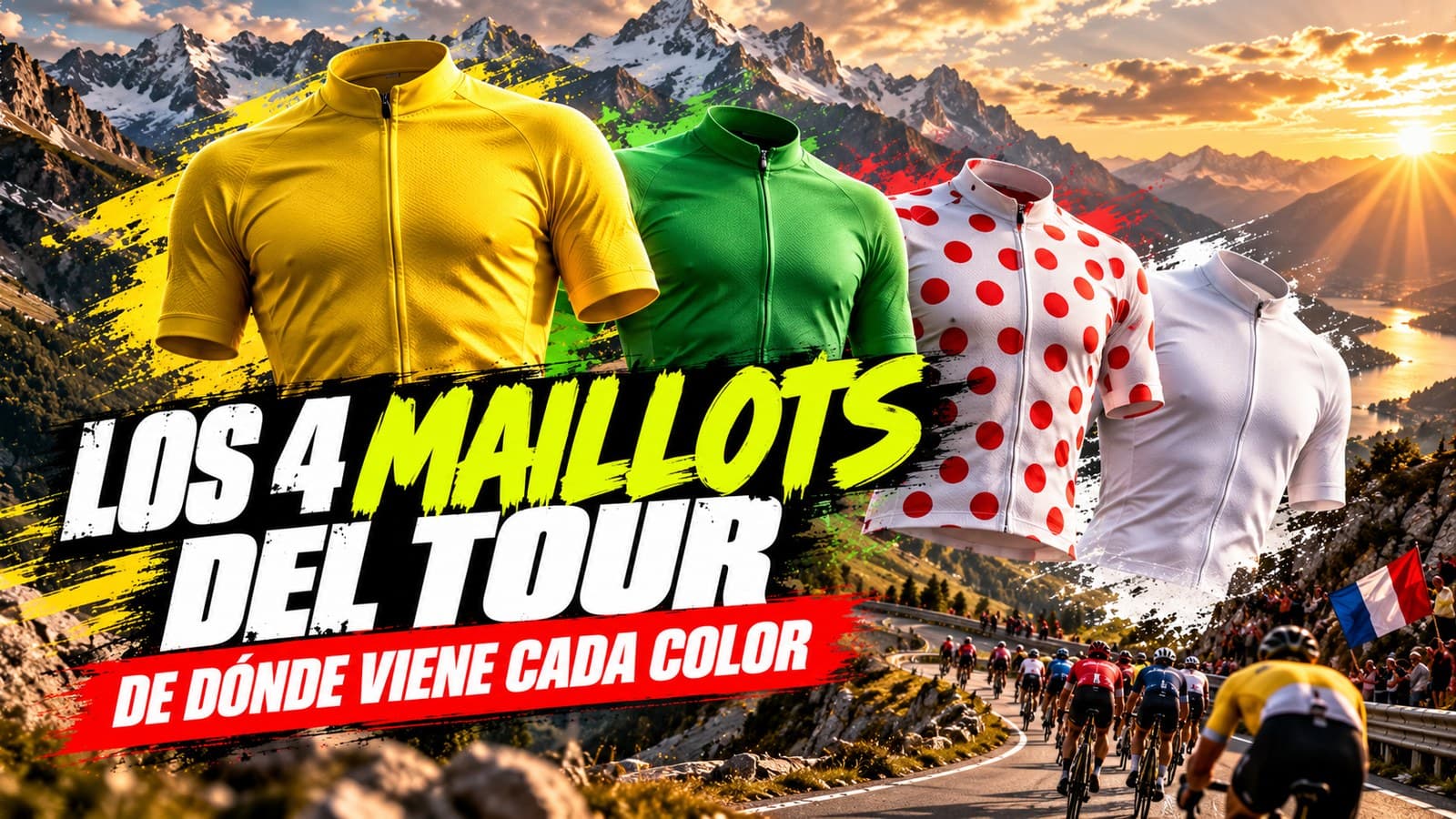 Ilustración generada con IA de los cuatro maillots del Tour (amarillo, verde, de lunares y blanco) sobre una carretera alpina con un pelotón al fondo; titular «Los 4 maillots del Tour»