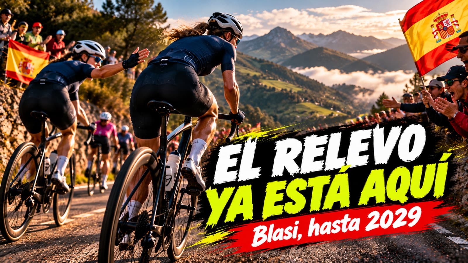 Ilustración generada con IA: dos ciclistas con maillot azul marino liso en una subida de montaña del norte de España; la que va detrás anima con el brazo a la más joven, que ataca, entre afic