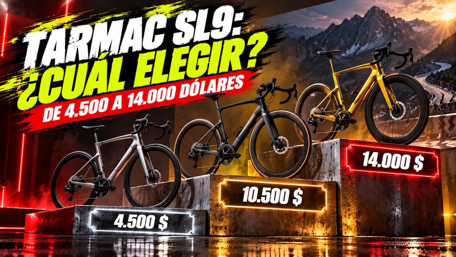 Ilustración de producto generada con IA: tres bicicletas de carretera aerodinámicas genéricas sobre un podio con precios de 4.500, 10.500 y 14.000 dólares; titular «Tarmac SL9: ¿cuál elegir?»