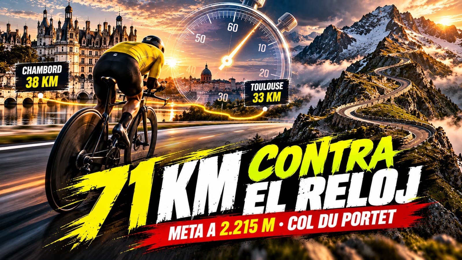 Ilustración generada con IA: un contrarrelojista en silueta junto a un castillo del Loira y una carretera de alta montaña hacia una cumbre pirenaica, unidos por un cronómetro; titular «71 km 
