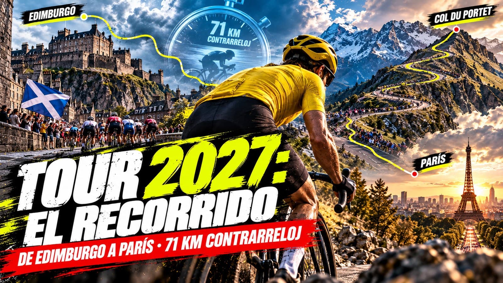 Ilustración generada con IA: un ciclista de maillot amarillo asciende por una carretera que une el castillo de Edimburgo con una cumbre de los Pirineos; titular «Tour 2027: el recorrido»